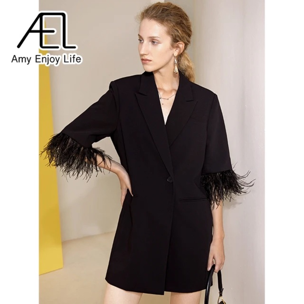 AEL Amy Enjoy Life Black One Button Blazer Feather Sleeve Mini Dress Size Small